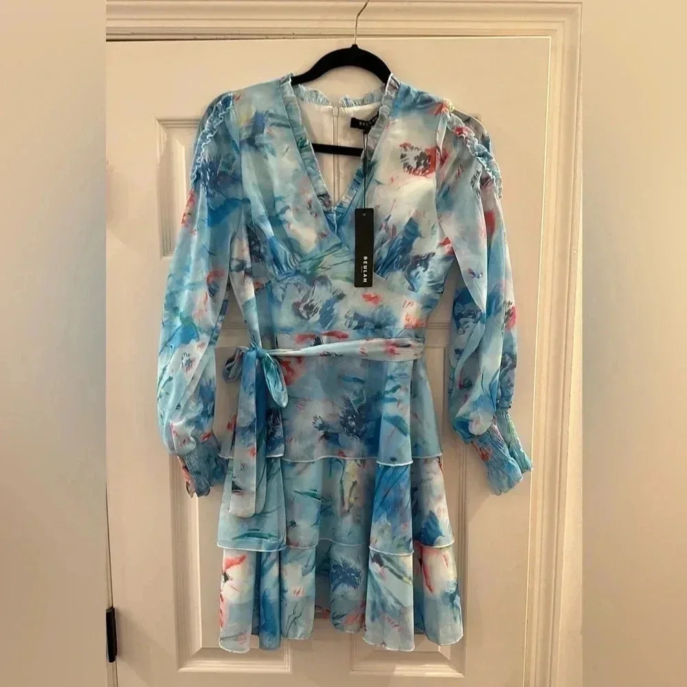 NWT Beulah Women's Tiered Floral Mini Dress S Ruffle Smocked Wrist long sleeve